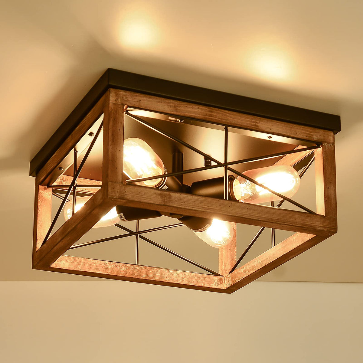 Eyassi wooden flush-mount 4-light fixture adds rustic charm to kitchens with warm illumination.