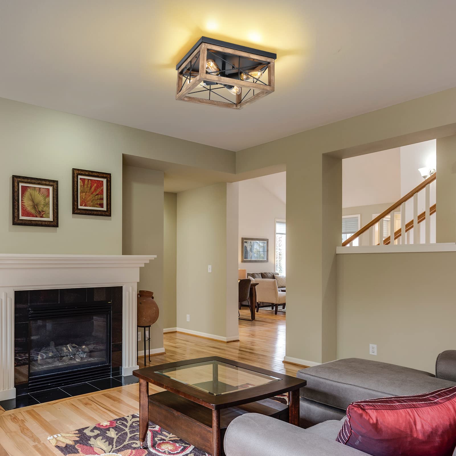 Eyassi wooden-frame black canopy creates industrial-modern living room lighting with focal appeal.