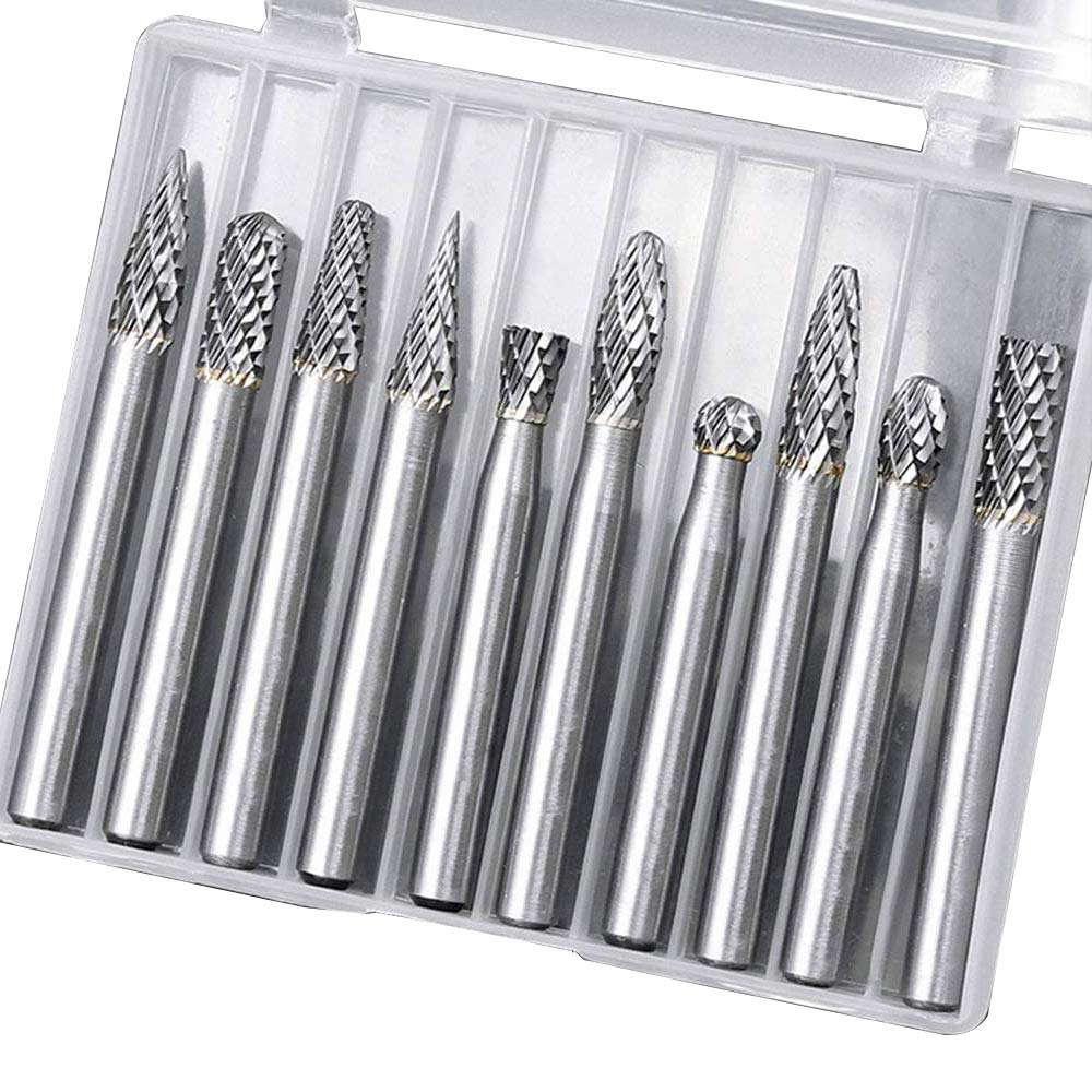 Eyech 10pc tungsten carbide burr set shown with 1-4 shank for versatile carving