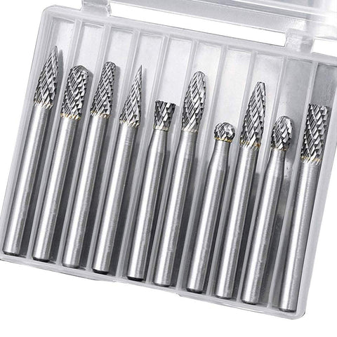 Eyech 10pc tungsten carbide burr set shown with 1-4 shank for versatile carving