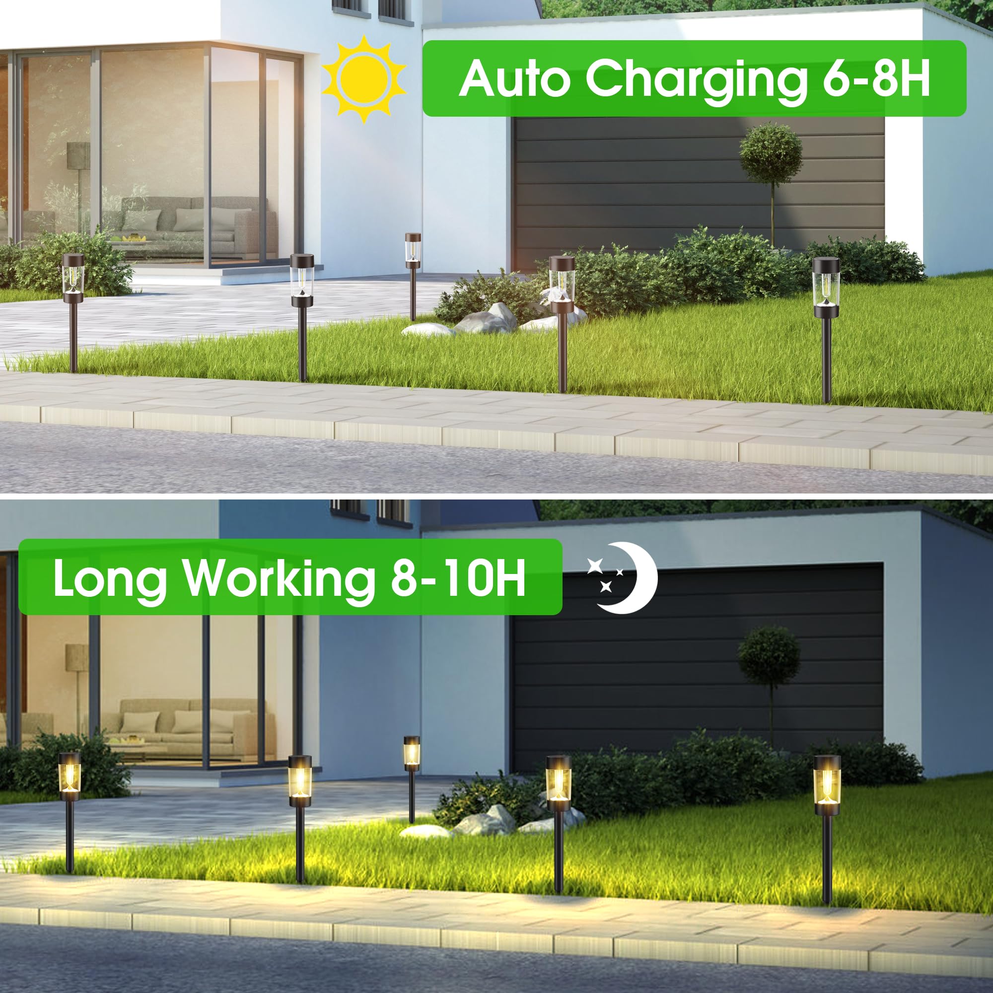 Eyrosa 12-pack outdoor solar lights arranged along a driveway for even coverage.