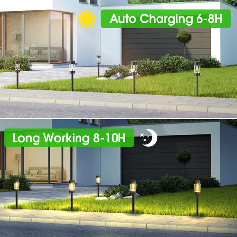 Eyrosa 12-pack outdoor solar lights arranged along a driveway for even coverage.