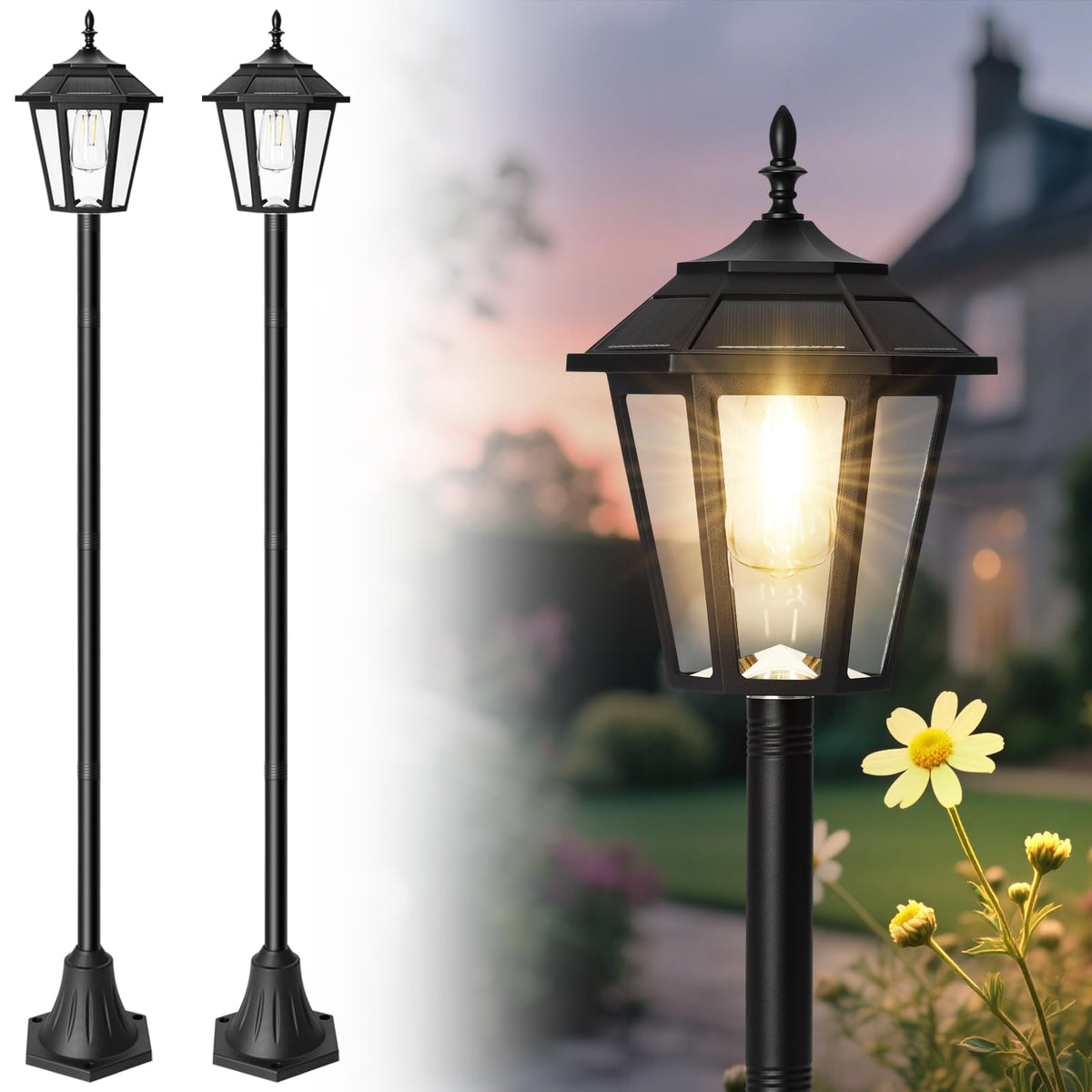 Eyrosa 66-inch solar lamp post light on patio, warm glow for evenings.