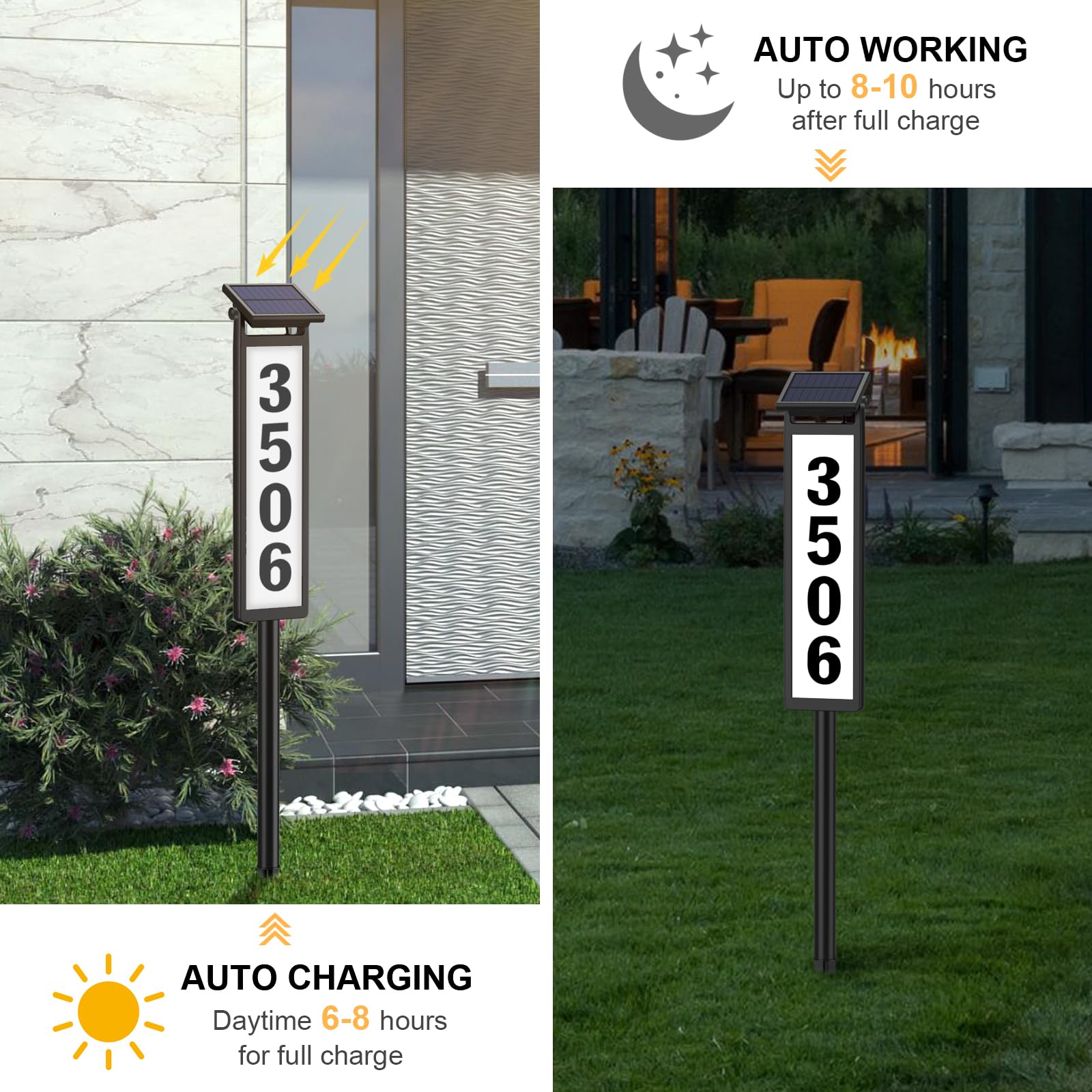 Eyrosa address sign at night illuminated, aiding guests to locate your home