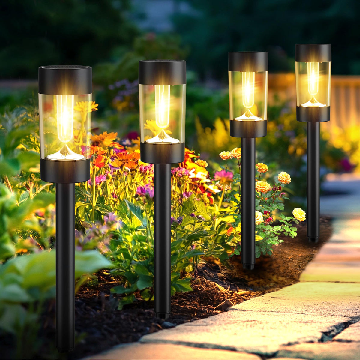 Eyrosa solar lights with a 360-degree lampshade for bright pathway illumination and safe night walks.