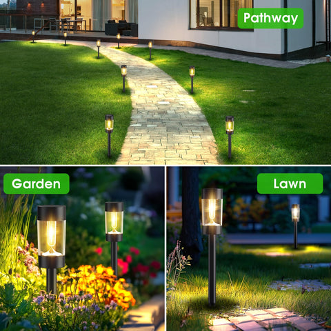 Eyrosa warm white glow illuminating a garden path after dusk for ambience.