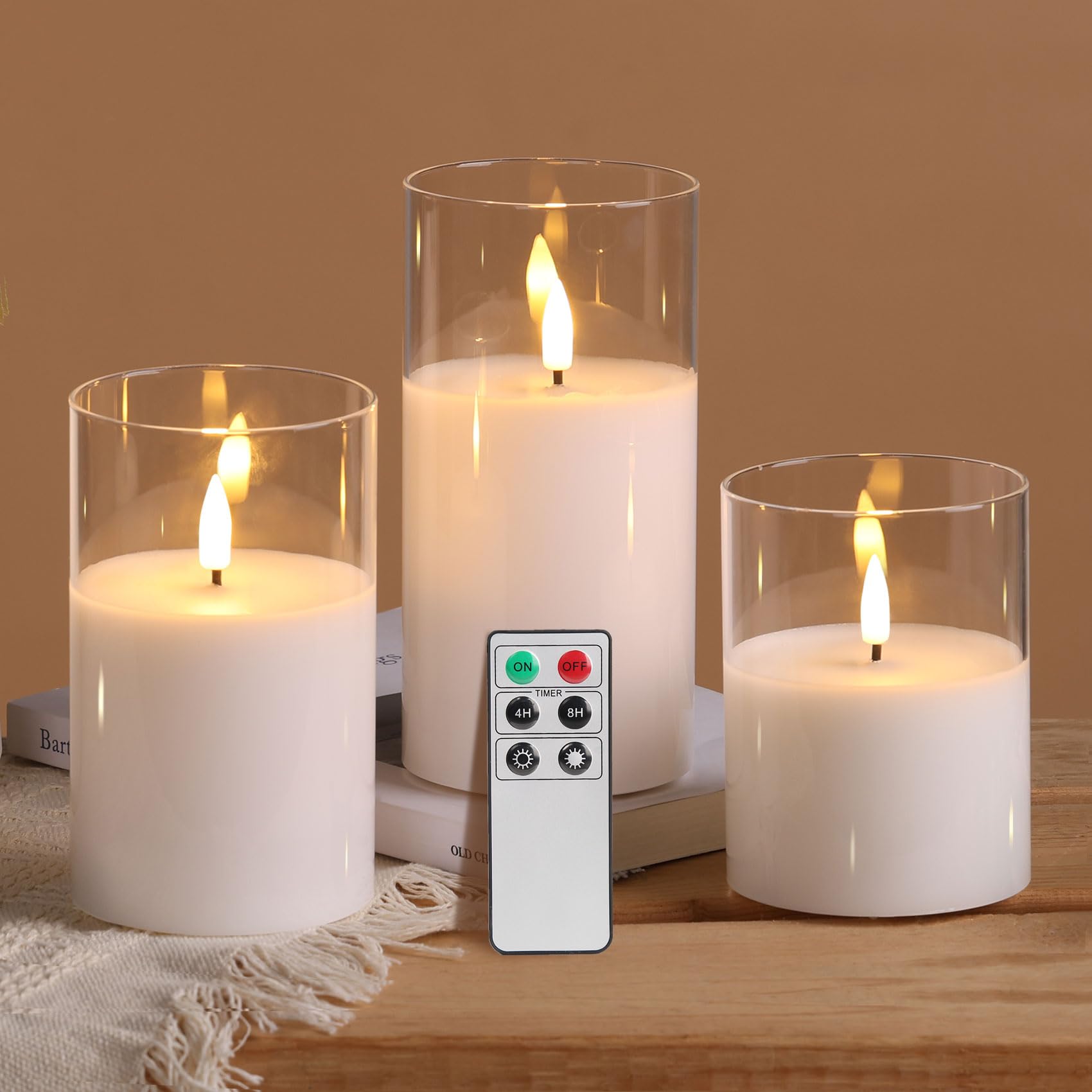 Eywamage clear glass candles with three pillars illuminate softly for any room