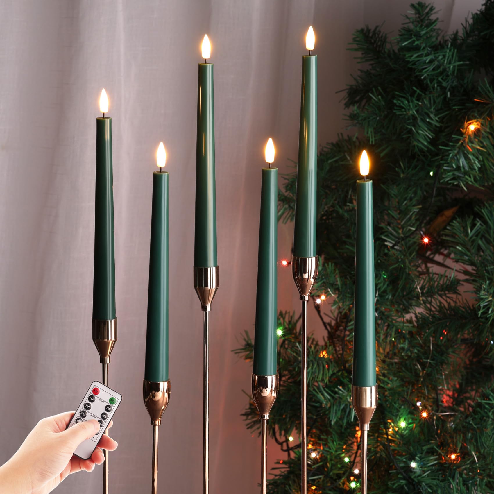 Eywamage dark green taper candle wax with lifelike flame for cozy ambience.