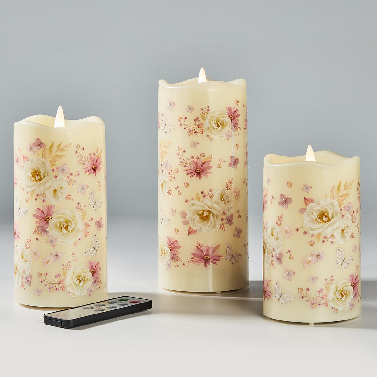 Eywamage fiber optic flameless pillar candle with rose-butterfly detailing, soft spring glow
