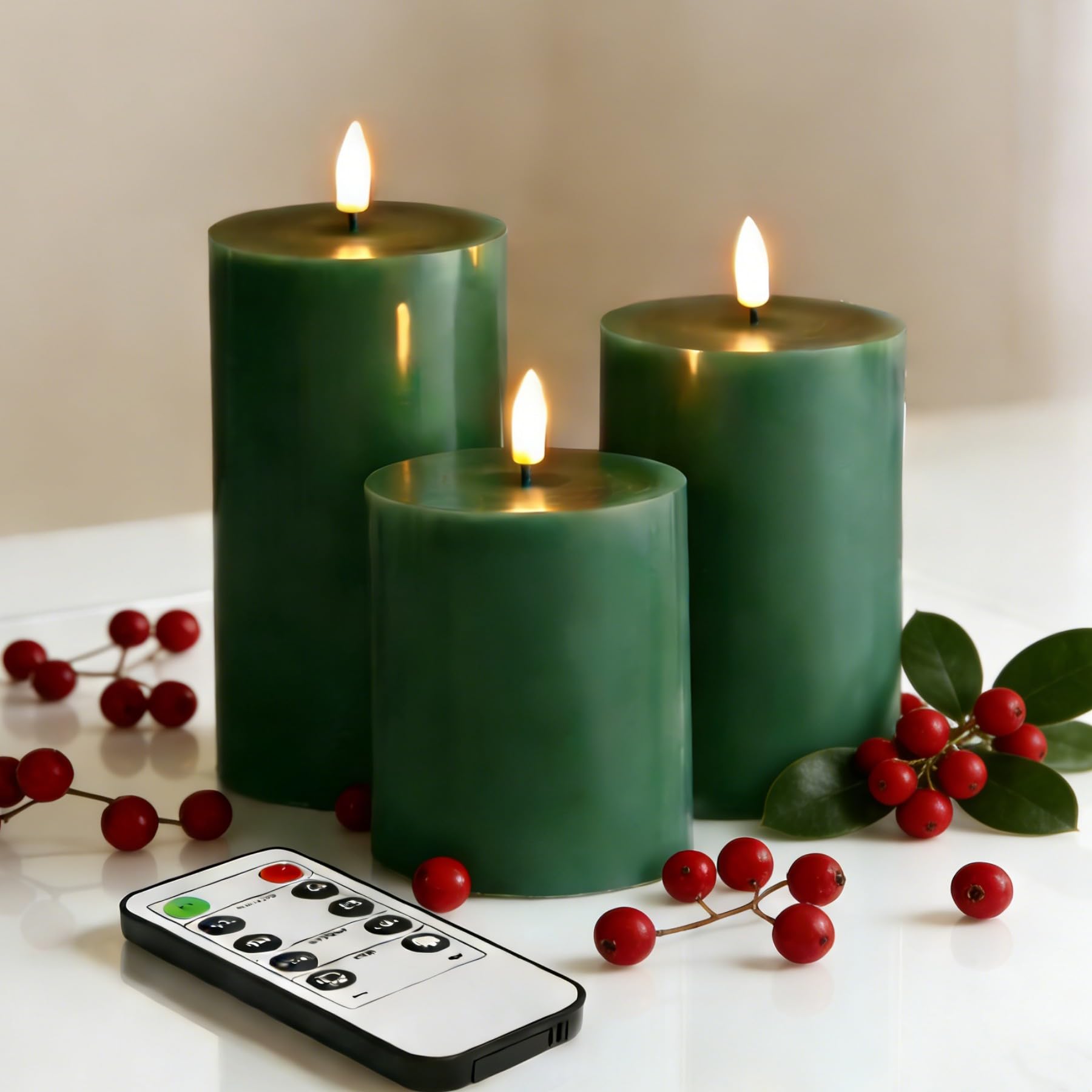 Eywamage green flameless pillar 3x4 with realistic glow for cozy ambiance.
