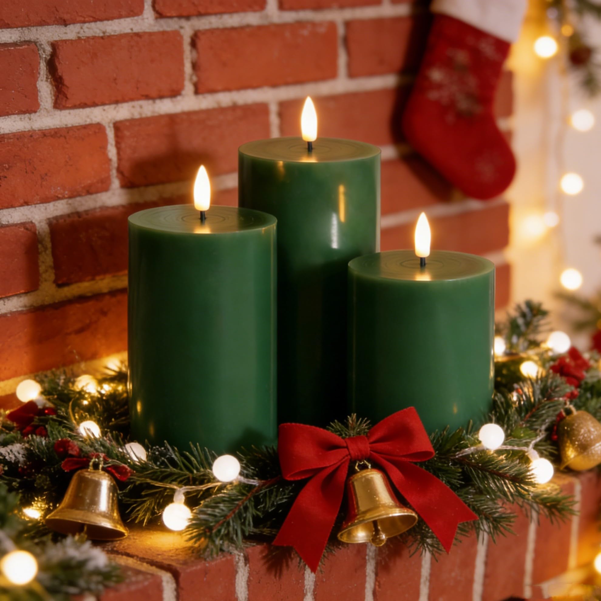 Eywamage green flameless pillar 3x6 adds warm glow to spaces.