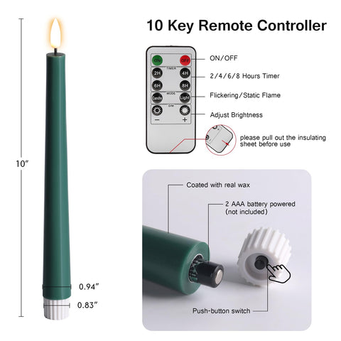 Eywamage green flameless taper candle with remote control for easy mood lighting.