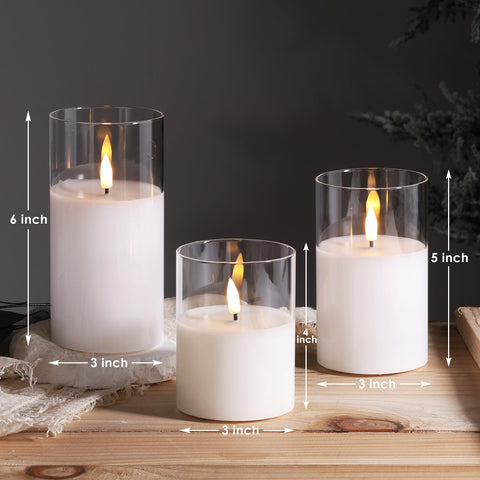 Eywamage remote-controlled LED candles glow through glass pillars for cozy ambiance