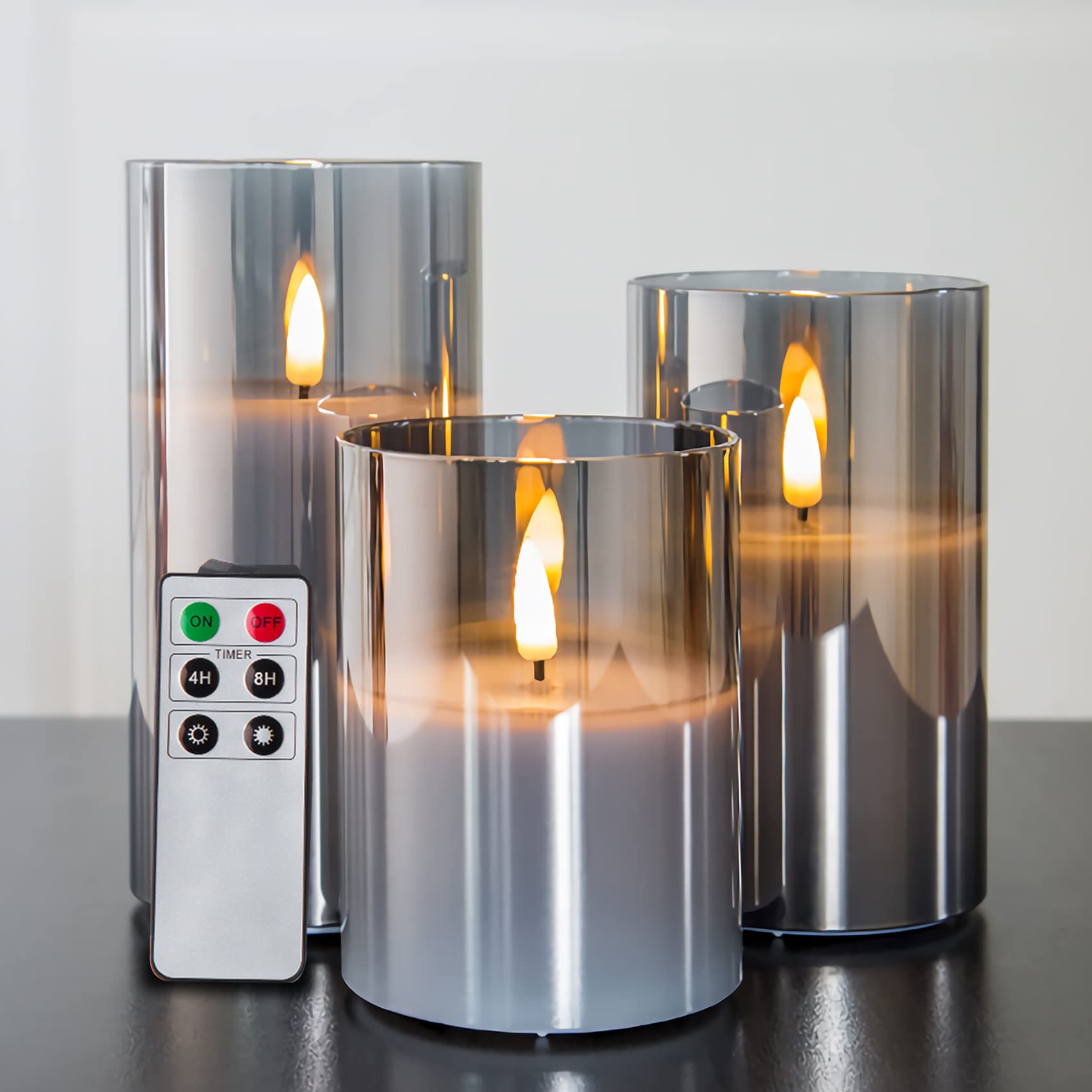 Eywamage remote-controlled smoke grey flameless pillar candles creating effortless table ambiance