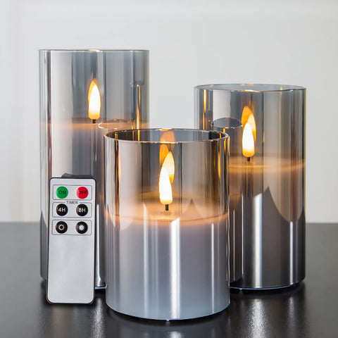 Eywamage remote-controlled smoke grey flameless pillar candles creating effortless table ambiance