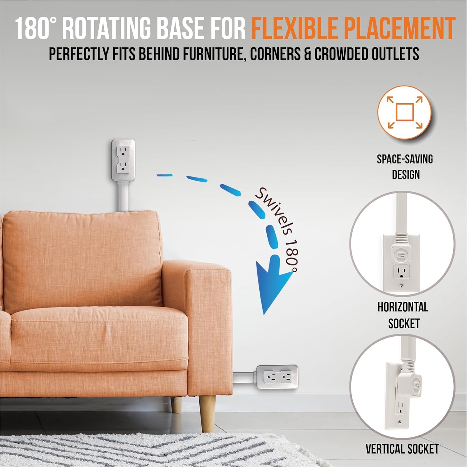 EZ Outlet Velcro mount provides damage-free wall attachment.