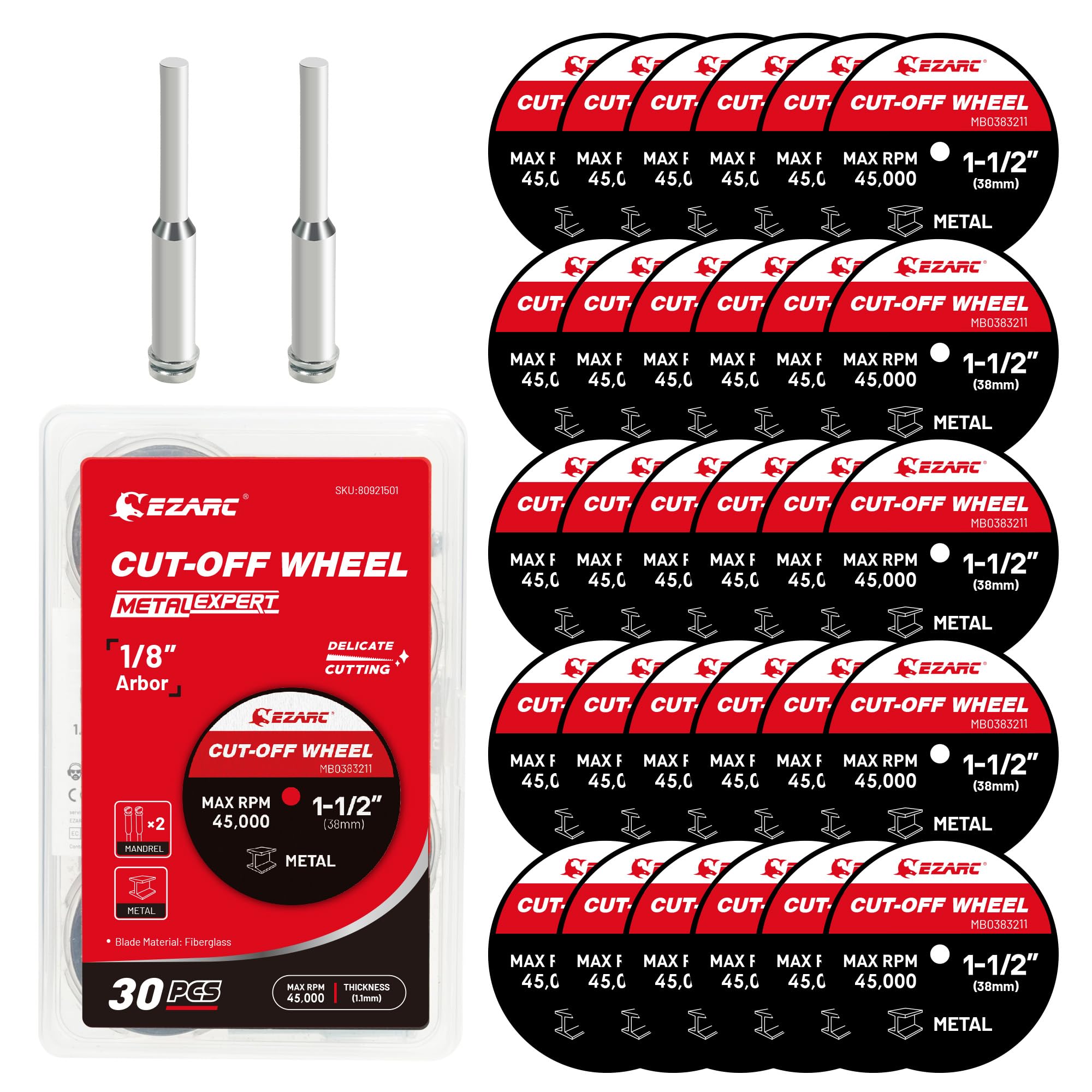 EZARC 1-1/2 cut-off wheel showing burr-free metal cutting.