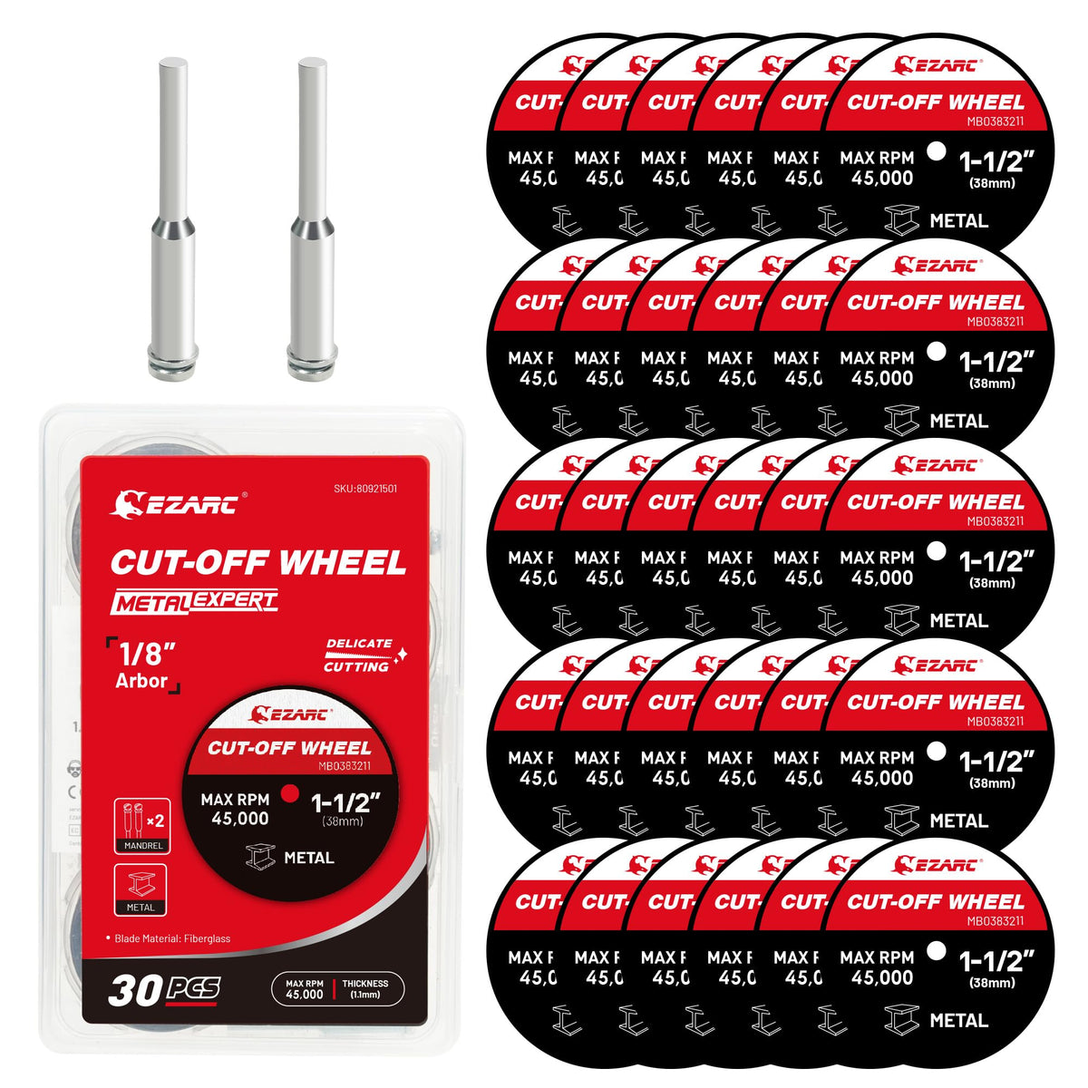 EZARC 1-1/2 cut-off wheel showing burr-free metal cutting.