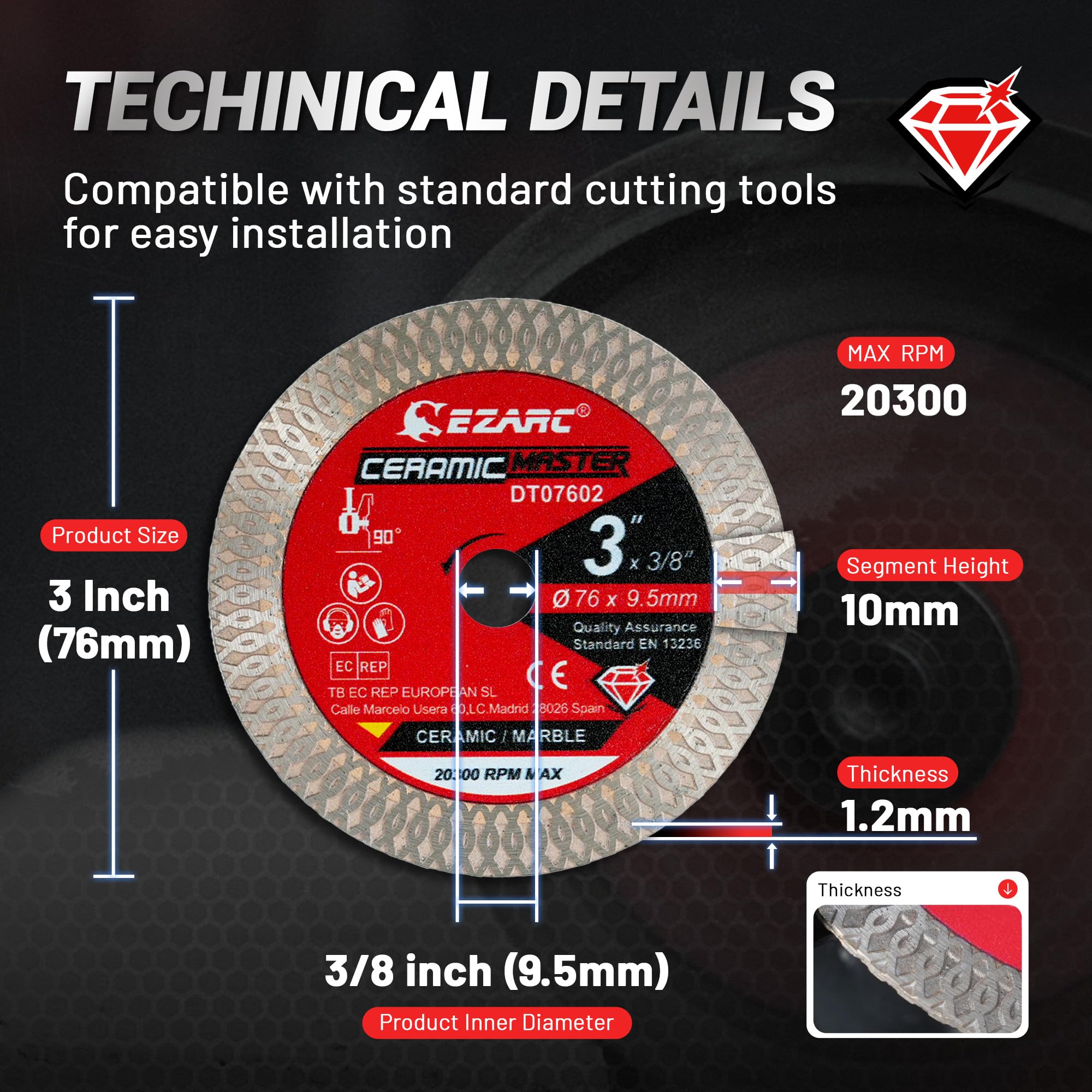 EZARC diamond blade mounted on angle grinder ready for porcelain work.