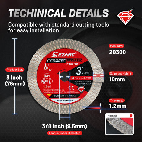 EZARC diamond blade mounted on angle grinder ready for porcelain work.