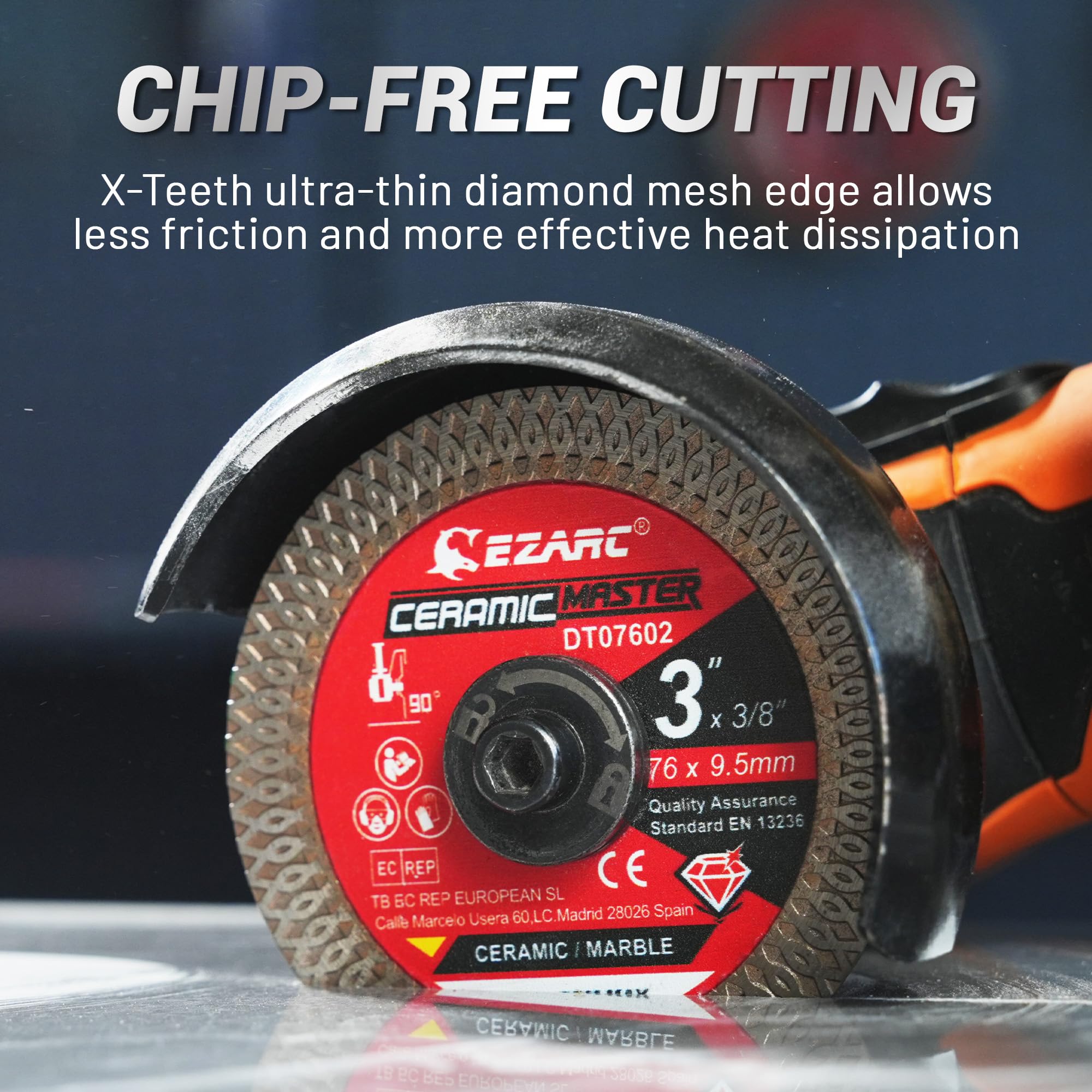EZARC blade dry-cutting a granite tile with clean edges.