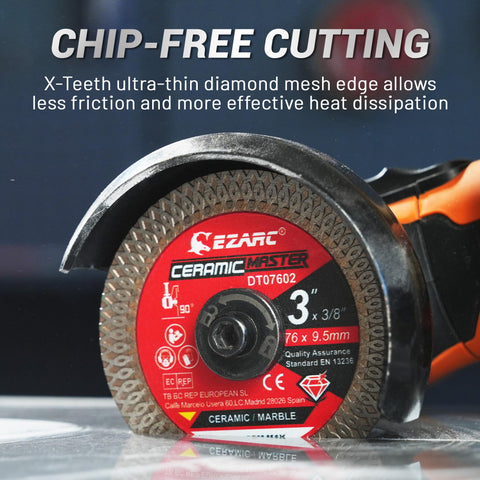 EZARC blade dry-cutting a granite tile with clean edges.