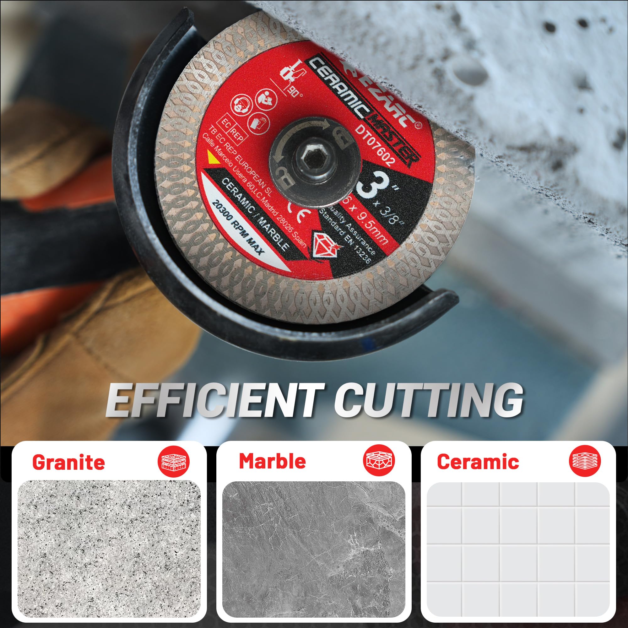 EZARC blade in wet cutting setup for ceramic tiles.