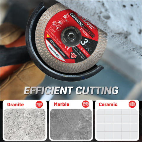 EZARC blade in wet cutting setup for ceramic tiles.