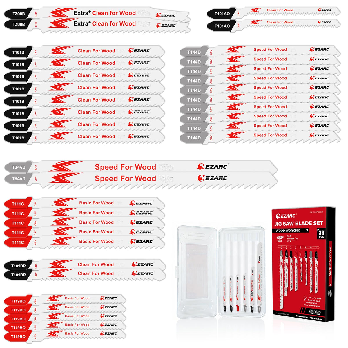 EZARC 36pcs jig saw blade set stored in case for quick, organized woodworking projects.