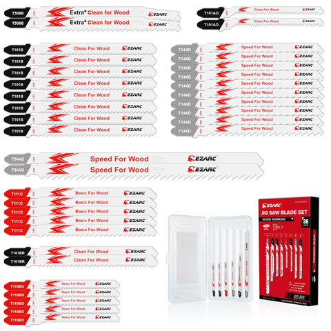 EZARC 36pcs jig saw blade set stored in case for quick, organized woodworking projects.