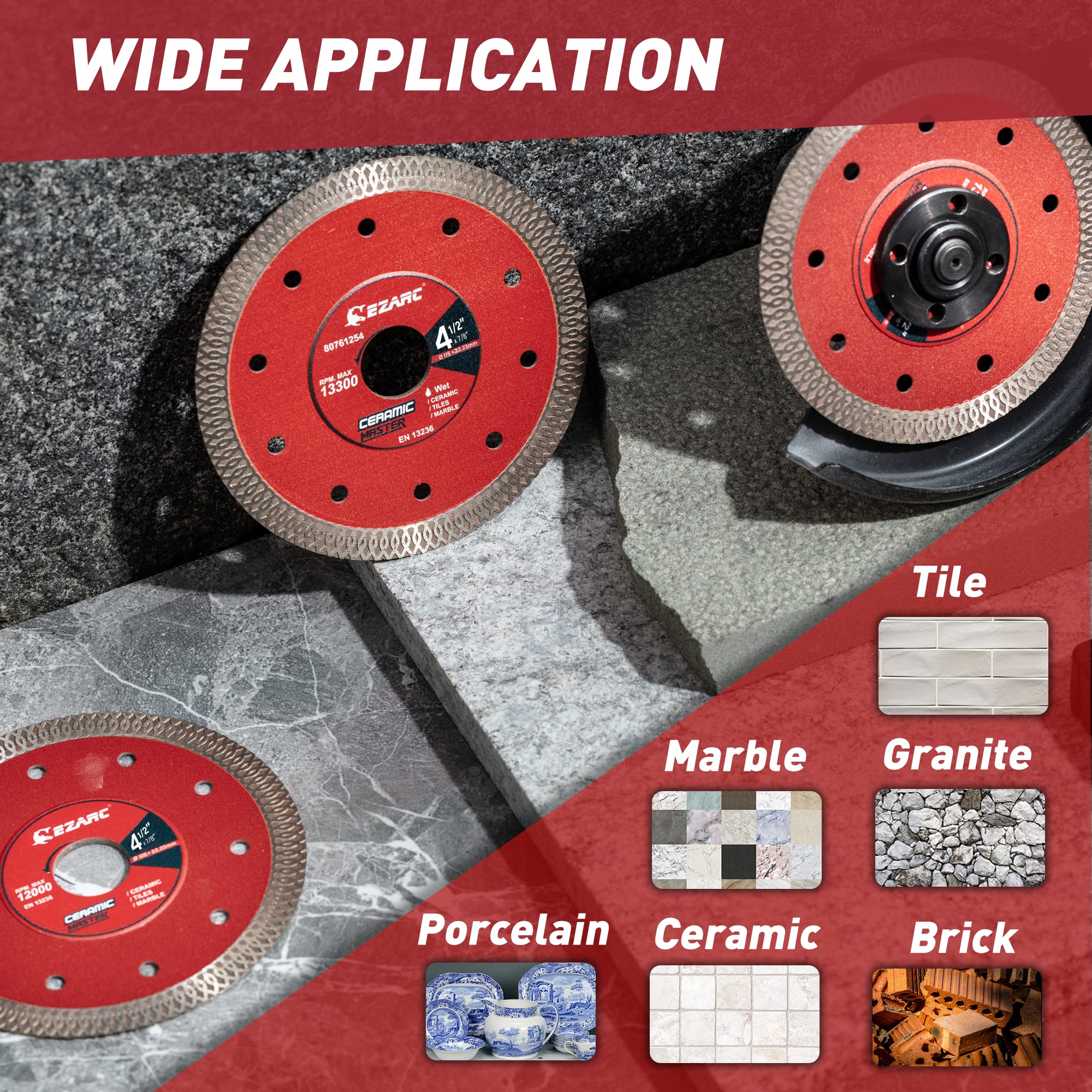 EZARC blade on angle grinder for precise tile cuts.