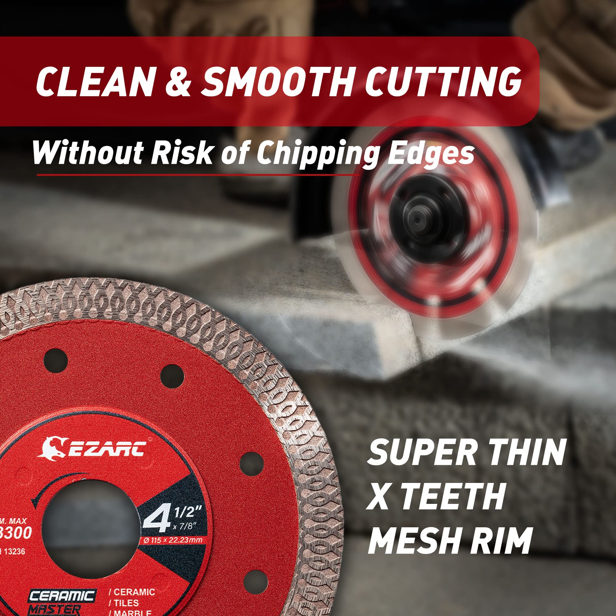 EZARC blade cutting ceramic tiles with clean edges.