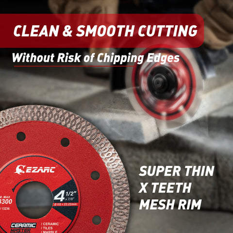 EZARC blade cutting ceramic tiles with clean edges.
