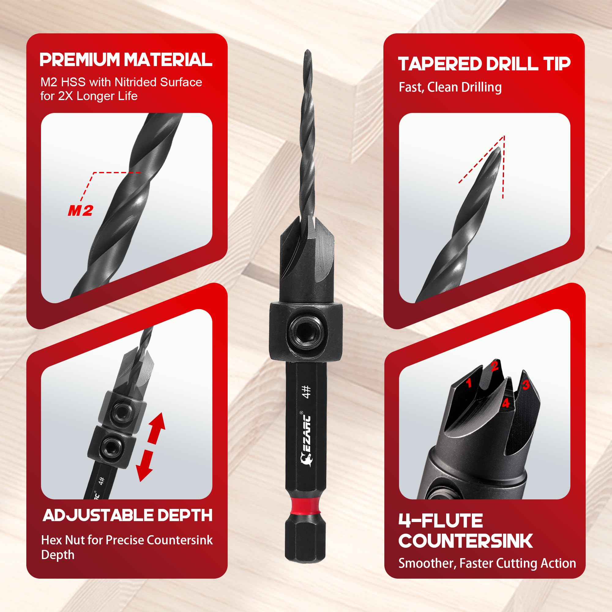 EZARC 4-Cutter countersink bits deliver smooth cuts and a clean 82-degree finish.