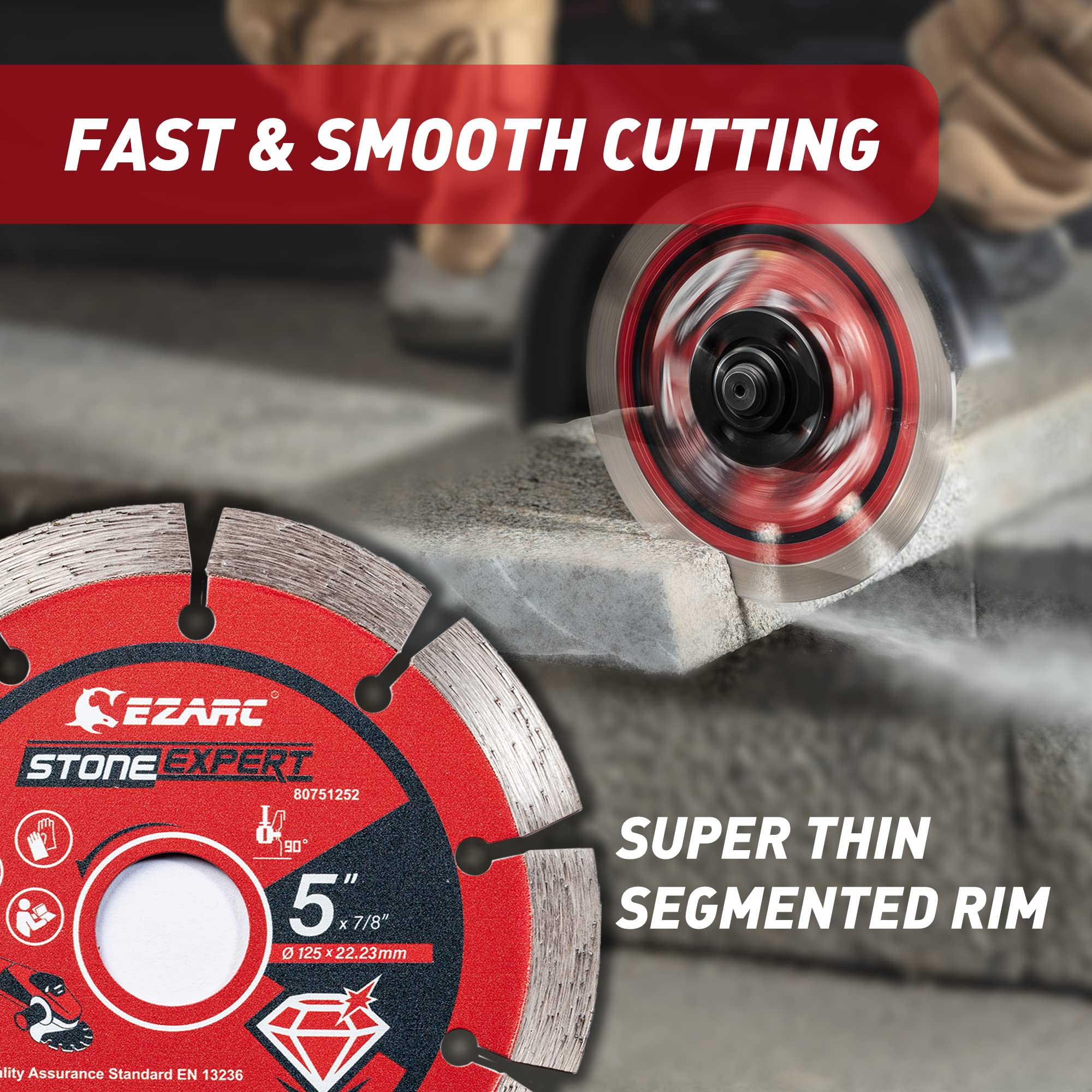 EZARC 5-inch segmented diamond blade showing quick masonry cutting action