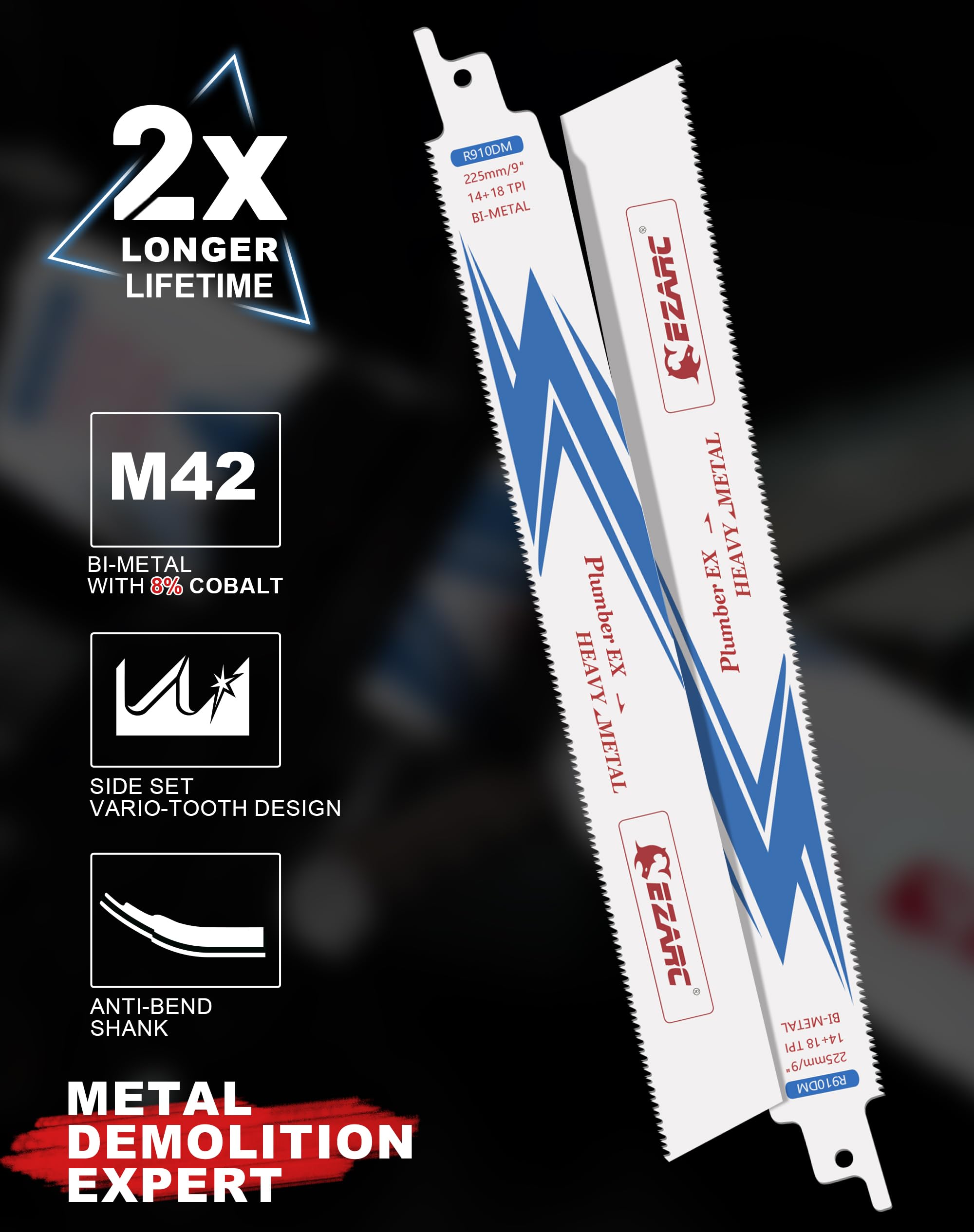 EZARC bi-metal tooth design closeup emphasizing fast, efficient metal cutting performance