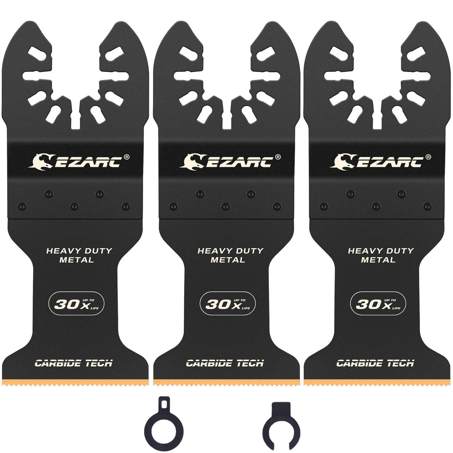 EZARC carbide oscillating blade close-up showing durable carbide teeth for hard metal cutting.