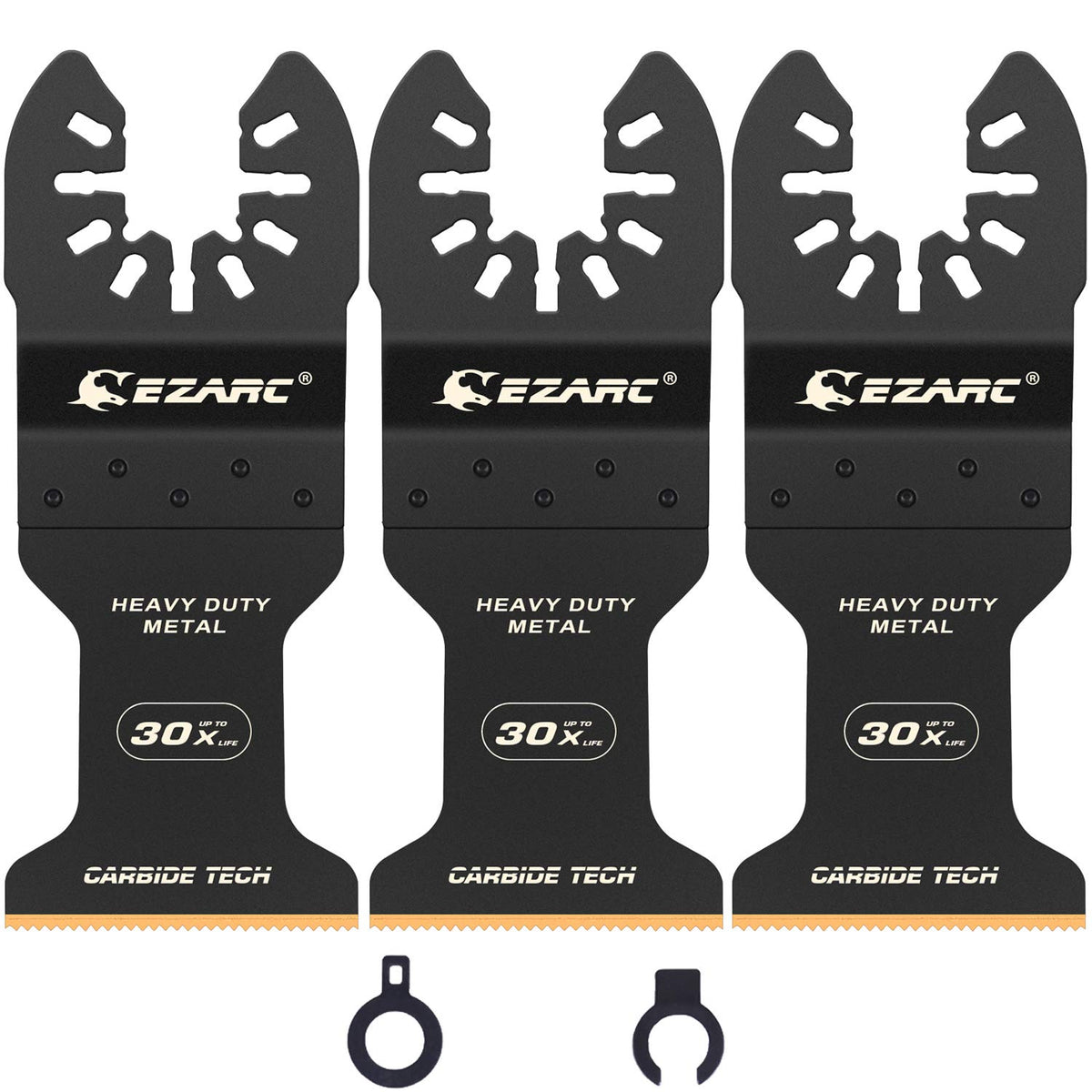EZARC carbide oscillating blade close-up showing durable carbide teeth for hard metal cutting.