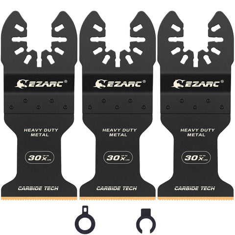 EZARC carbide oscillating blade close-up showing durable carbide teeth for hard metal cutting.