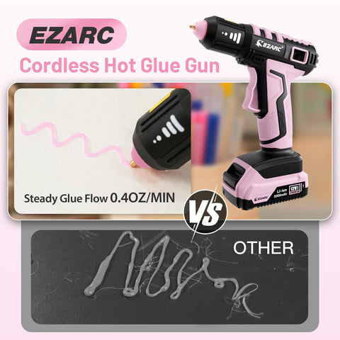 EZARC cordless glue gun showing long battery life up to 100 minutes for extended sessions.