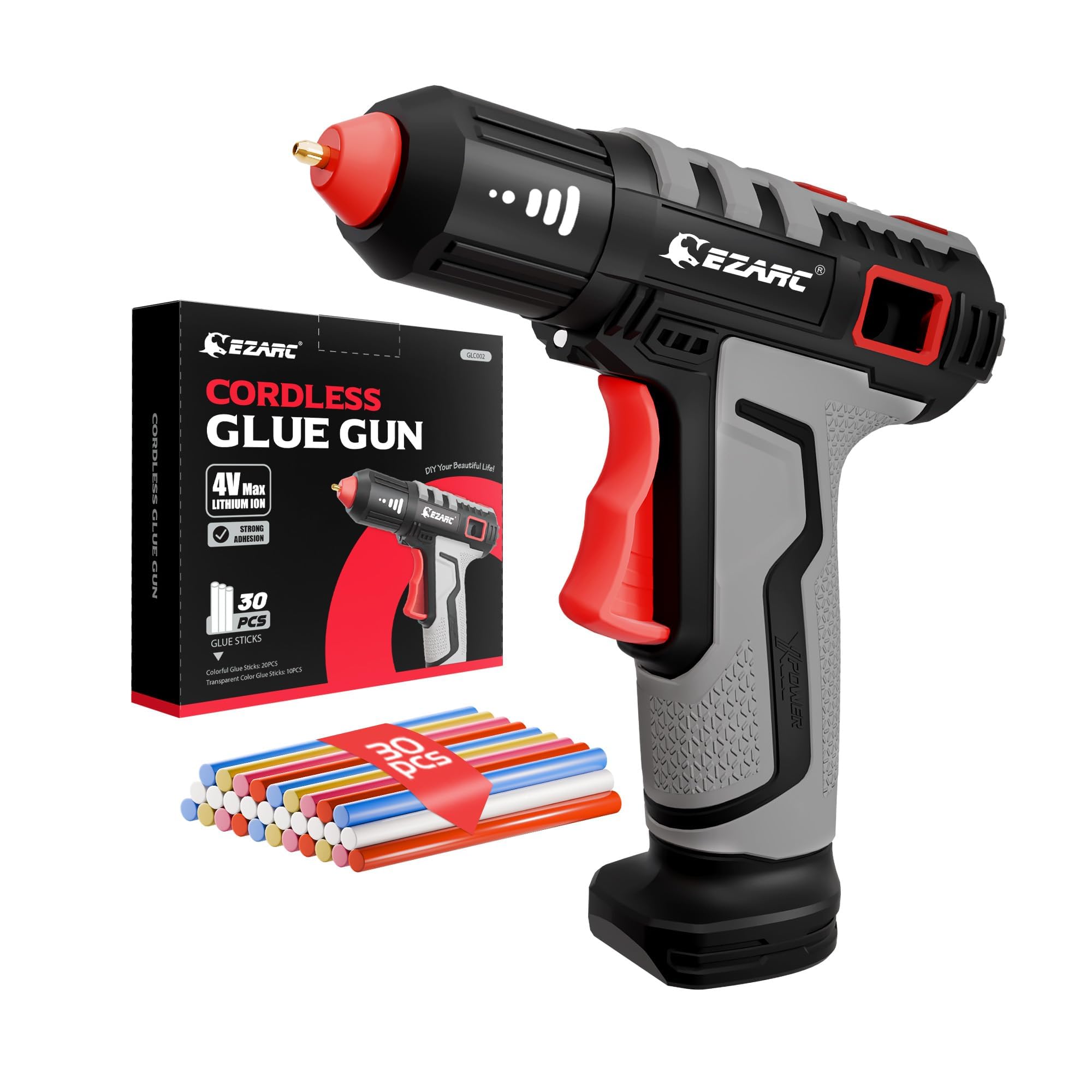 EZARC cordless hot glue gun ready in 15 seconds for fast DIY projects.