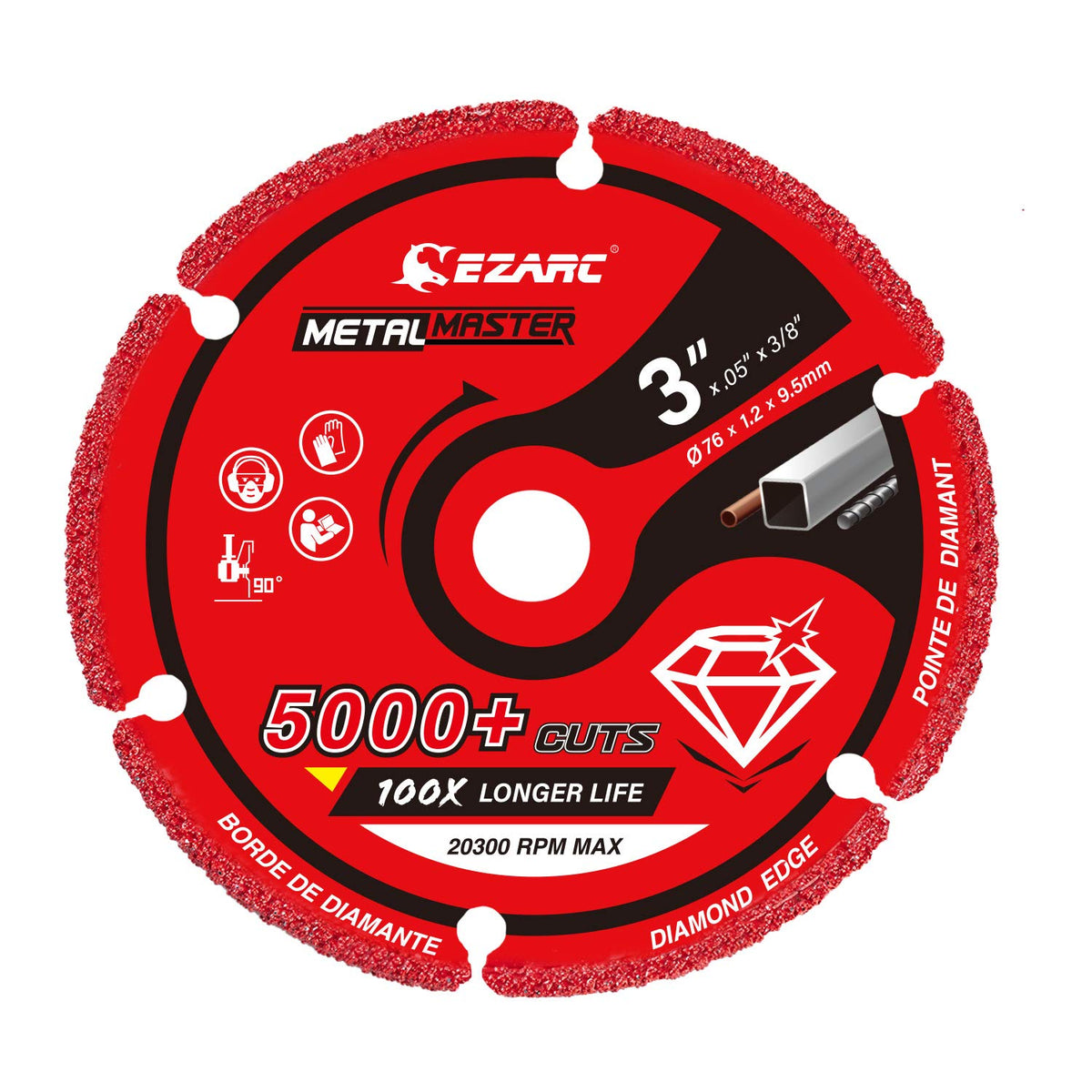 EZARC diamond cutting wheel closeup shows durable metal cutting performance.