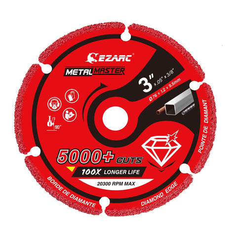 EZARC diamond cutting wheel closeup shows durable metal cutting performance.