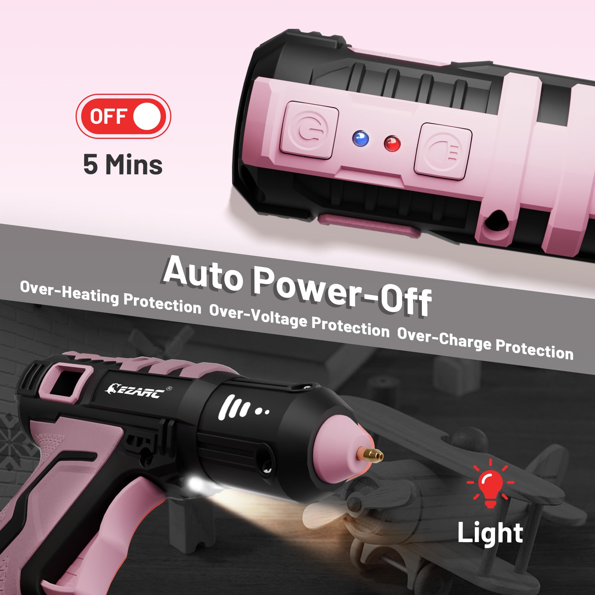 EZARC glue gun displaying auto shut-off and anti-drip design for a tidy workspace.