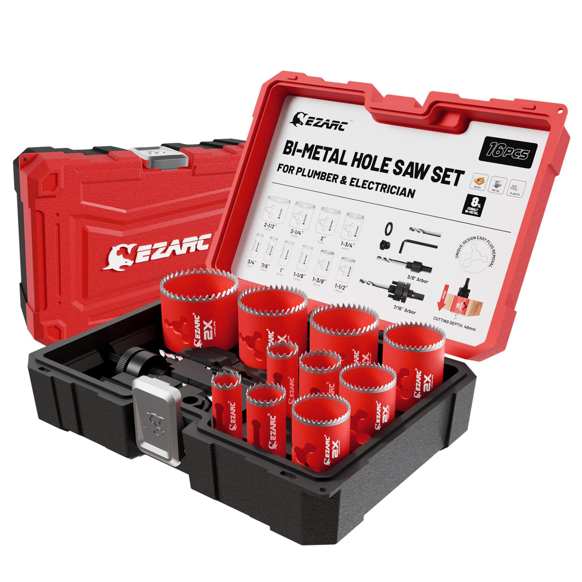 EZARC hole saw kit case keeping all sizes organized for quick access.