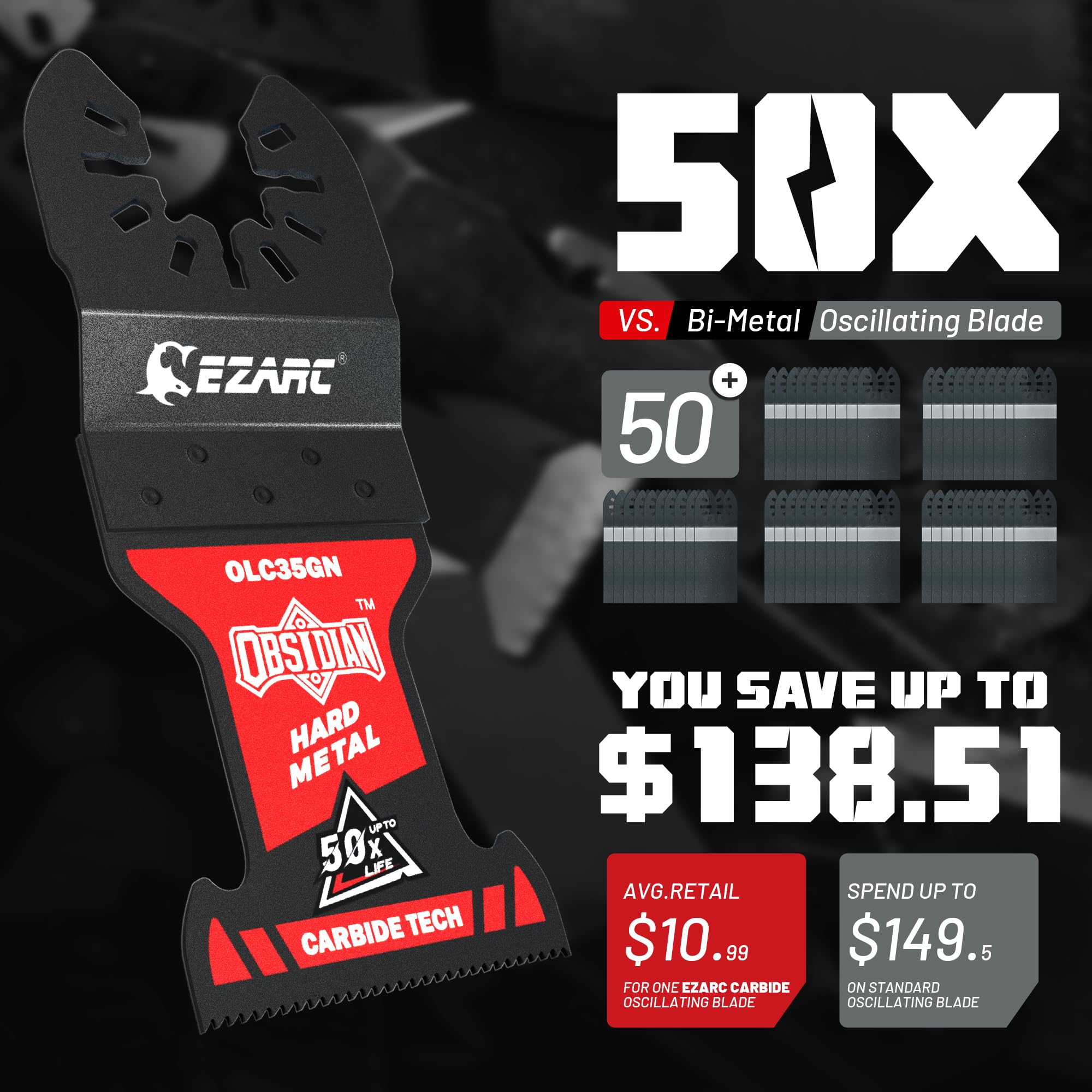 EZARC Obsidian carbide blade with universal compatibility across oscillating tools for versatile setups.