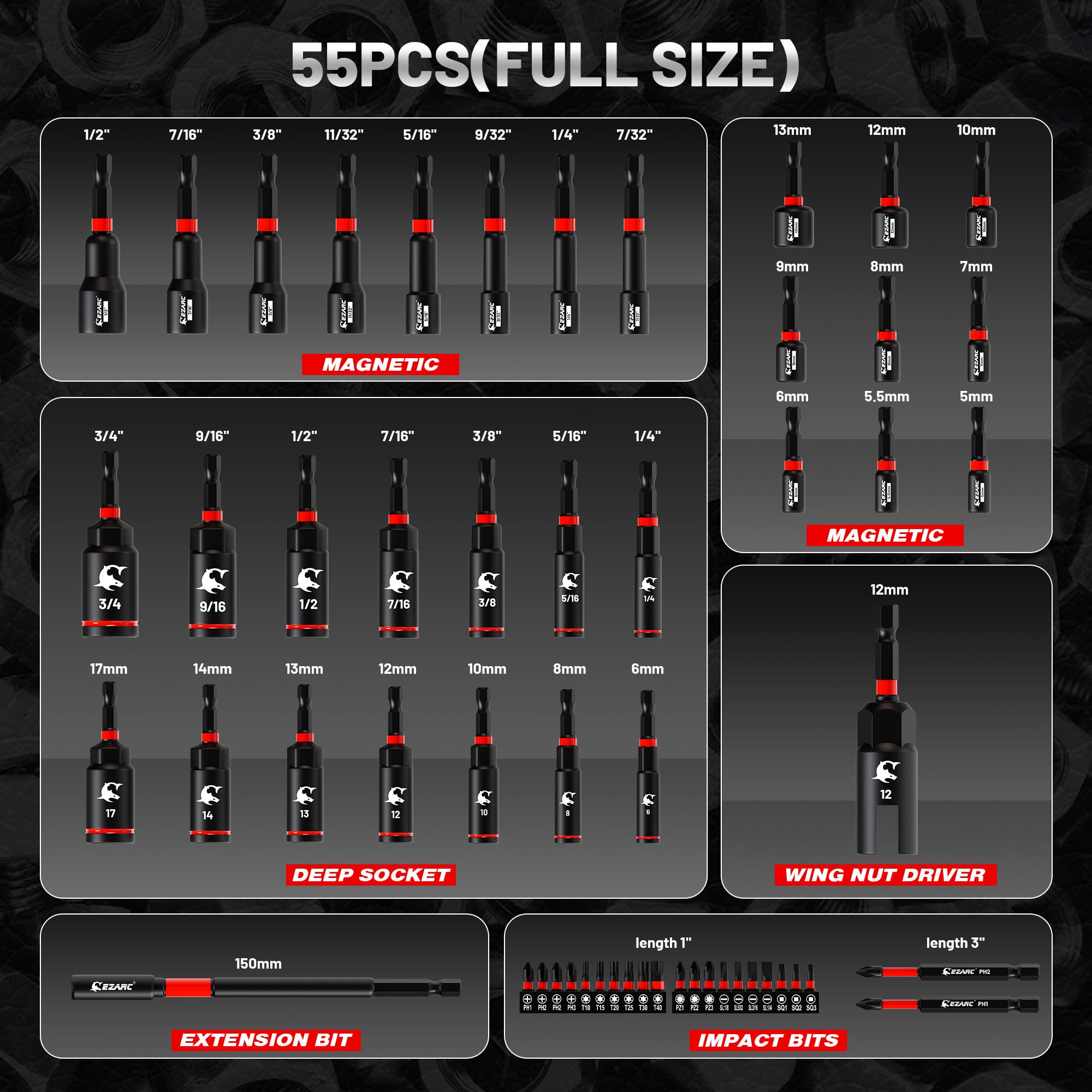 EZARC shallow magnetic nut drivers arranged by size for fast grip