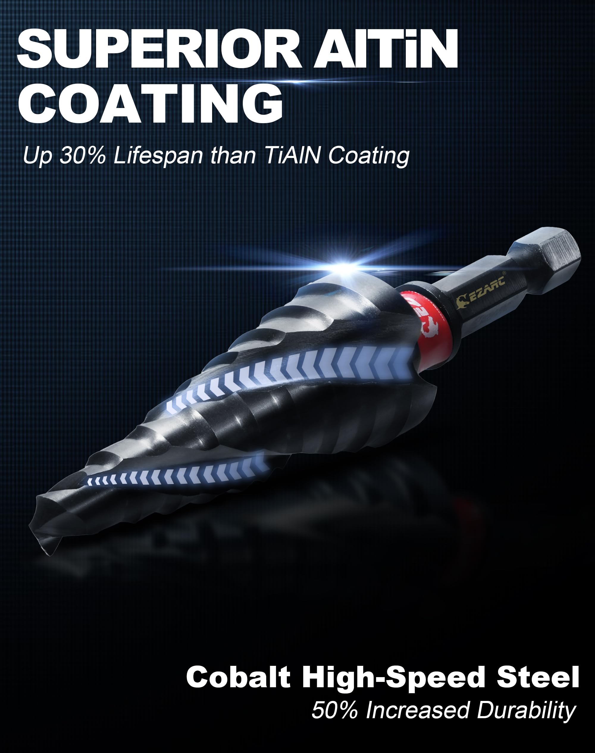 EZARC step drill bit featuring a C-profile edge for smoother cuts.