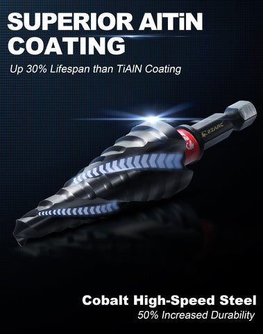 EZARC step drill bit featuring a C-profile edge for smoother cuts.