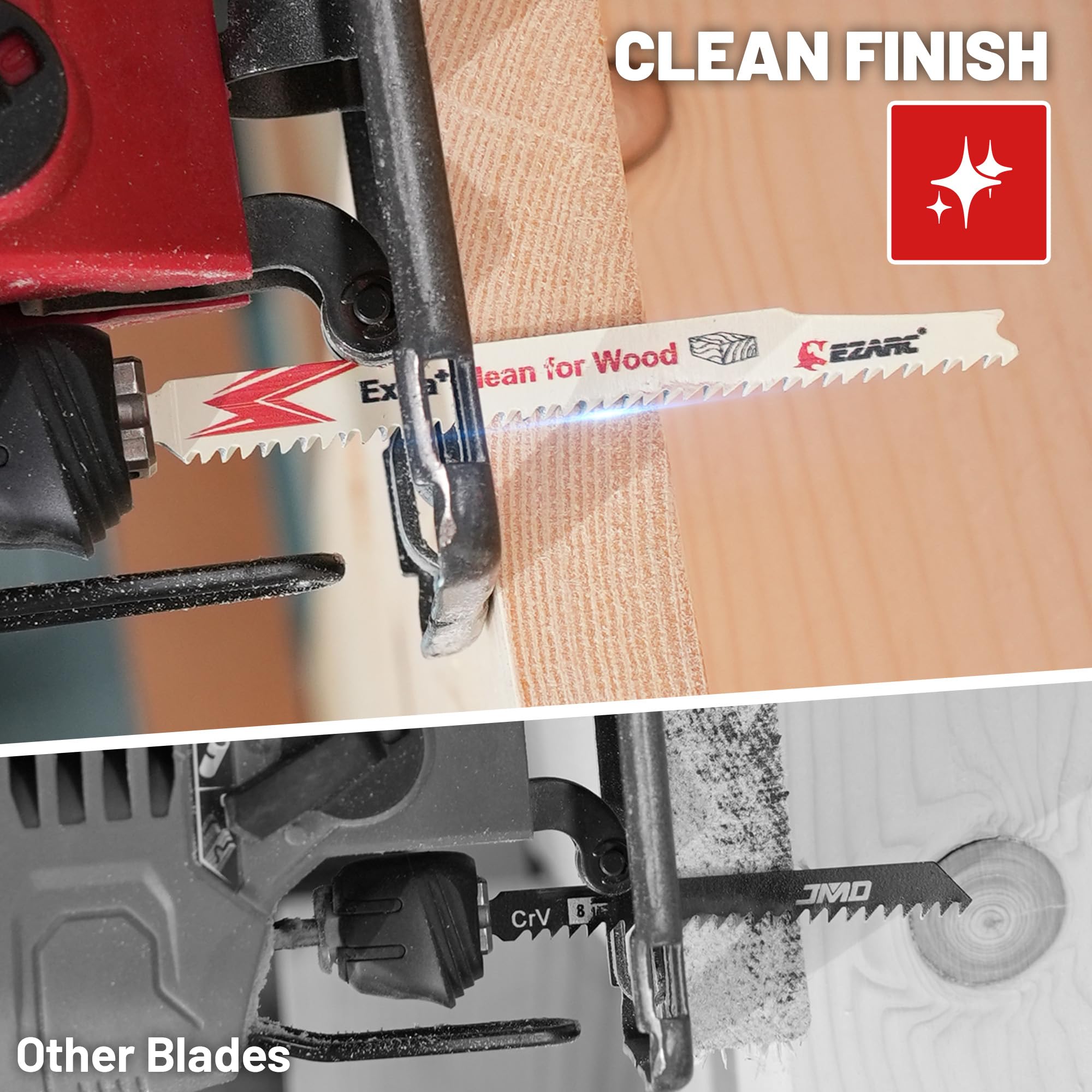 EZARC T308B blade close-up delivering smooth cuts on laminate and plywood.